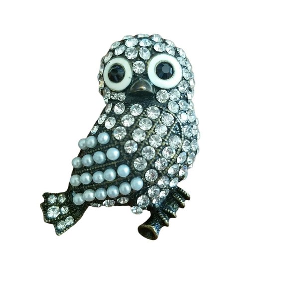 Owl Large Statement Brooch Pin Clear Rhinestones Faux Pearls Bronze Tone Metal - Picture 2 of 5
